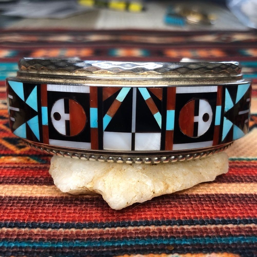 R&L Vacit Inlayed Turquoise, Coral, Onyx, & M Pearl Sunface Sterling Zuni Cuff